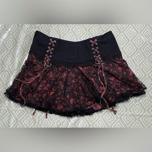 Black and Red Lace-Up Mall Goth Mini Skirt